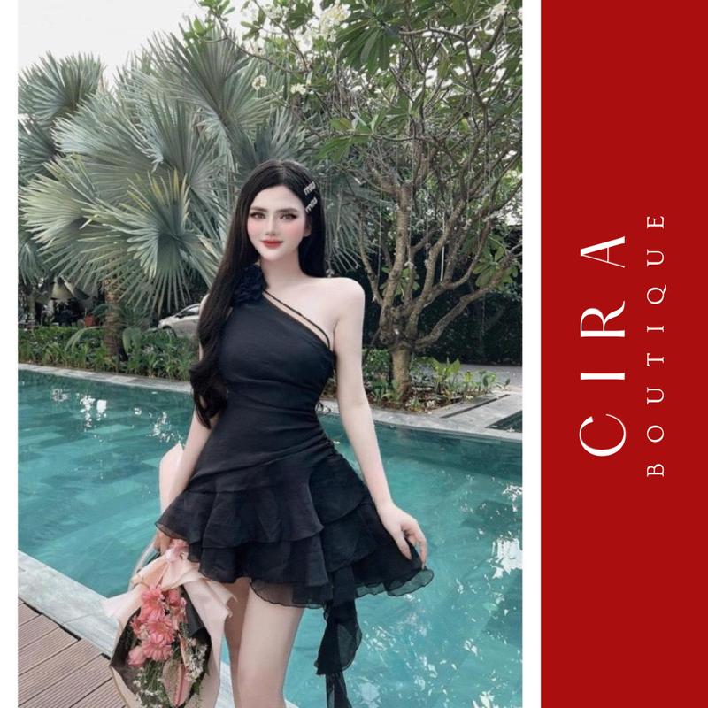 Đầm Lệch Vai Bèo Tầng Tua Rua Phong Cách Trẻ Trung Quyến Rũ - Cira Boutique D0859 - Size S/M/L/XL - Đen Trắng Kem - Nữ Women Dress Cherry