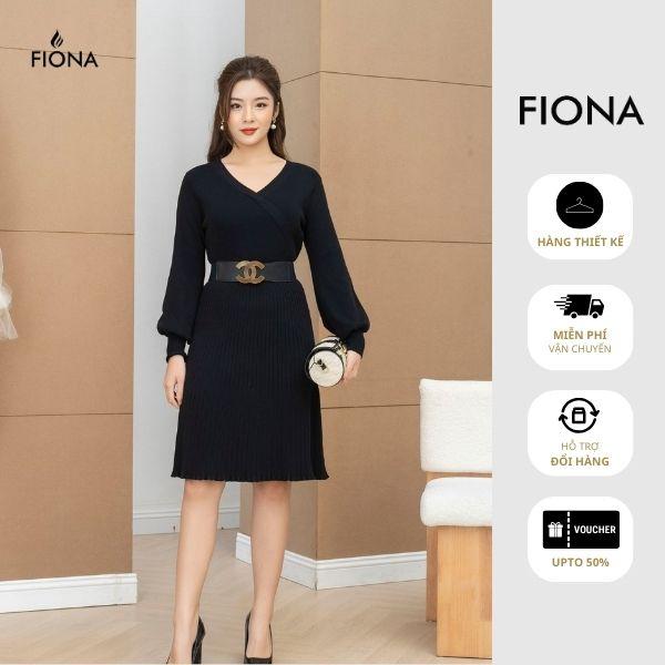 FIONA Đầm len nữ dáng xòe cổ tim cửa tay bồng bo gấu F852788 Women Dress Đen Voi