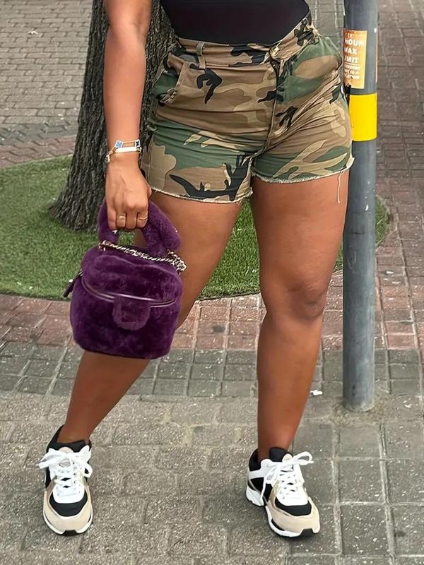 Women's Camo Print High Waist Button Front Skinny Shorts, Casual Comfy Shorts for Summer, Summer Clothes, Ladies Bottoms for Daily Wear, Shorts for Women 0