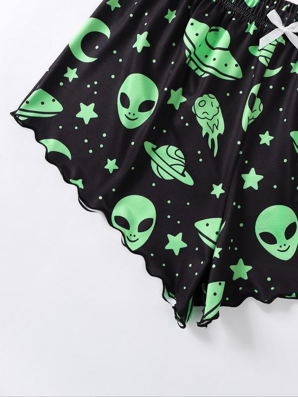Two-Piece Set Women's All Over Moon Alien Print Crop Cami Top & Bow Decor Shorts Pyjama Set, Lettuce Trim Camisole & Elastic Waist Shorts PJ Set, Casual Comfortable Sleepwear Set for Women 4