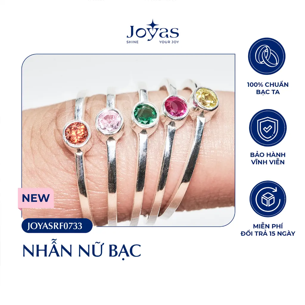 Nhẫn nữ bạc ta Joyas - Nhẫn bạc nữ trơn 1 đá CZ co giãn 1 size - JOYASRF0733