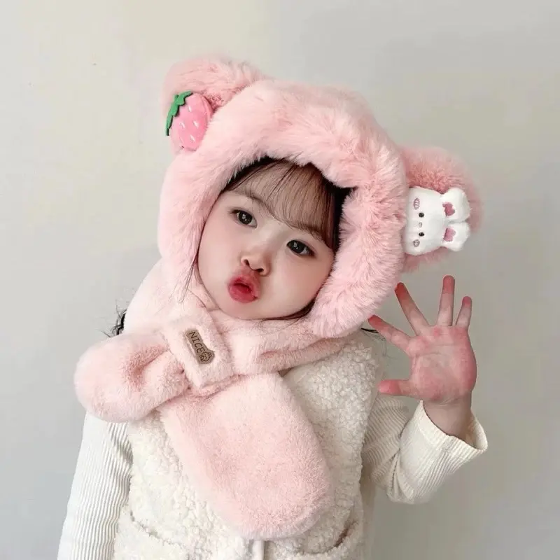 ￼Mũ kèm khăn cho bé 2-6tuổi tai củ quả - động vật dễ thương giữ ấm mùa đông Kem Voi Nón Hat đi du lịch đồ họa 0