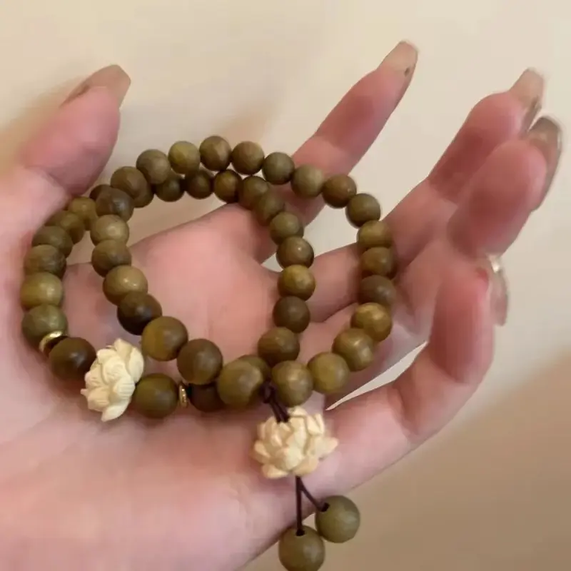 1PC Lotus Sandalwood Bangle Wood Beaded Strand Bracelets Green Natural Sandalwood Bracelet Elastic Handwoven Rosary Jewelry