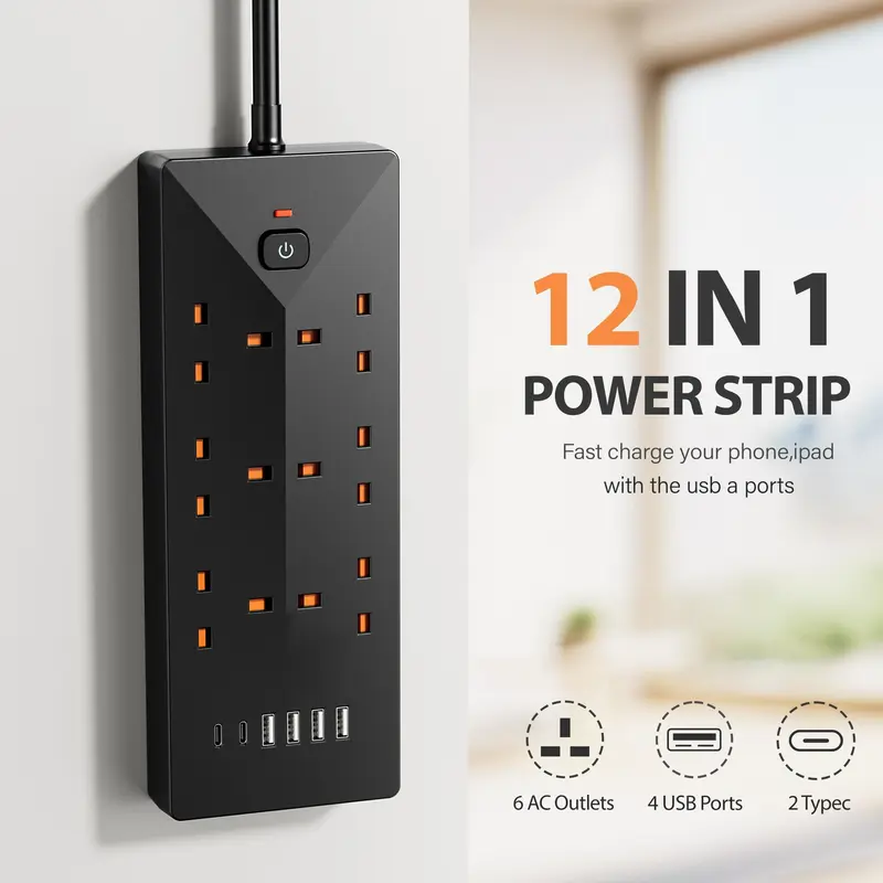 Power Strip Outlets, 6-AC Socket Switch Extender Surge Protector, Power Strip with 4 USB Charging Ports, Power Strip Outlets for Home, Office, Best Gifts for Men, Modern, Plug, Black 3