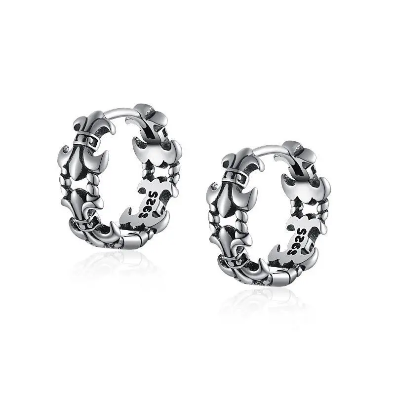 Bông tai Màu bạc Sterling dành cho nam giới, bông tai retro cao cấp với cá tính rỗng, kẹp tai chéo, còng tai đơn không gây dị ứng