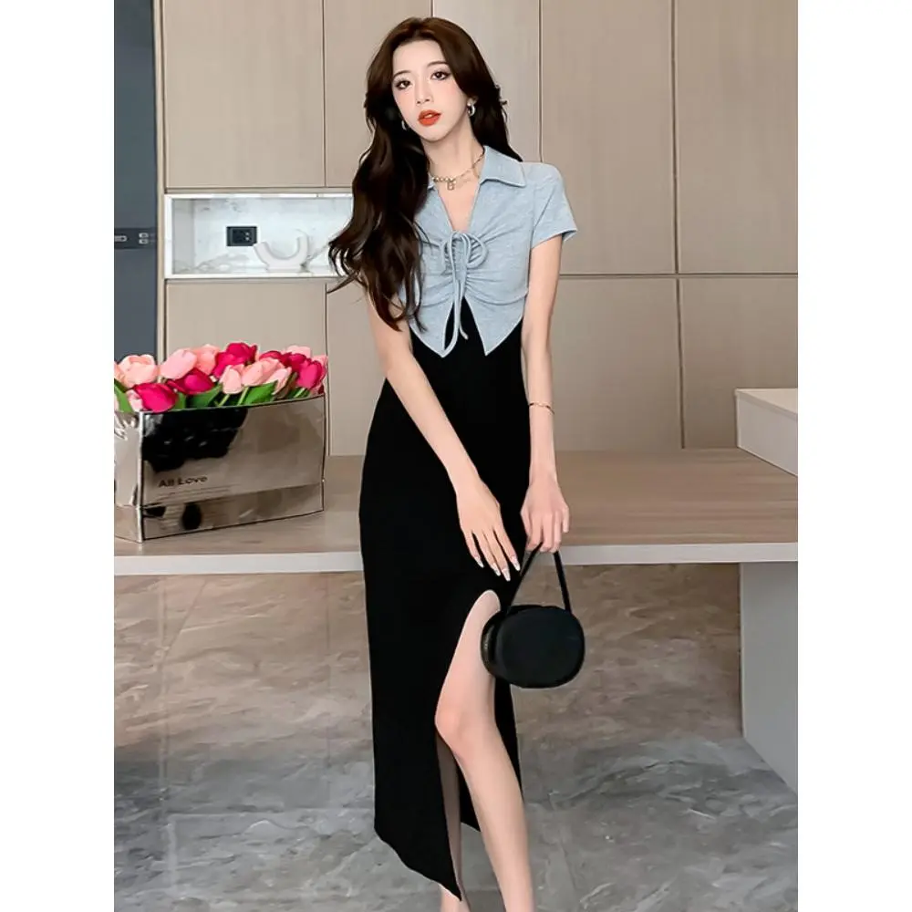 Hot Girl Polo Collar Short-Sleeved Dress Women's Summer Design Lace-up Hot Girl Split Fake Two-Piece Sheath Long Dress