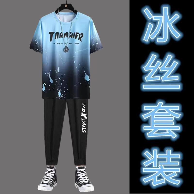 Product Introduction of 2PCS Men Suit Fashion All-Match Sports Running Fitness Top Pants Thin Casual Sports Suit Ice Silk Short Sleeve New Gradient T-shirt Cropped Pants Casual Pants 14