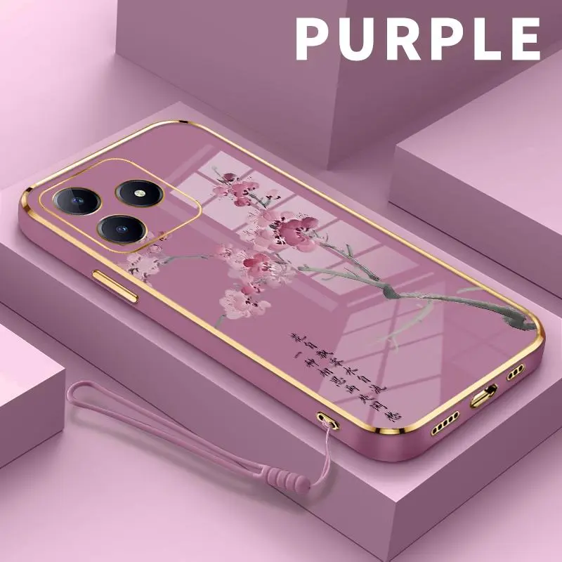 Casing Hp Realme C63 C2 2019 2020 C1 2018 C11 2020 C11 2021 C12 C15 C17 C20 C20A C21 C21Y C25 C25s C25Y C2s C3 C3i C30 C30s C31 C33 2022 2023 C35 C53 C55 C65 4G Motif Bunga Plum Silikon Lembut 6D Berlapis Kesing