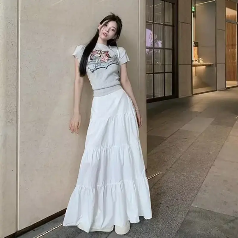 Women Long Skirt, Elegant Pleated Solid A-line Skirt Flowy Summer Swing Skirt for Casual Daily
