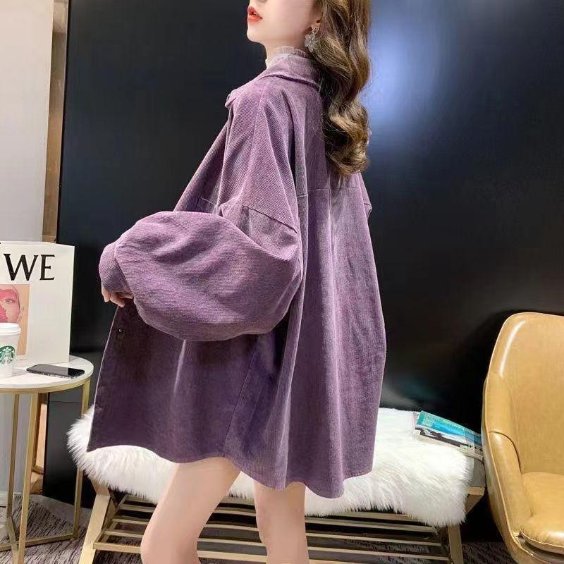Áo Sơ Mi Vải Nhung Kẻ, Phong Cách Cổ Điển Mùa Thu Mới, Dài Tay, Dáng Rộng Rãi Và Thường Ngày, Áo Sơ Mi Dài Trung Bình Áo Khoác Ngoài Nữ Women Top Shirt Lệch Vai 3