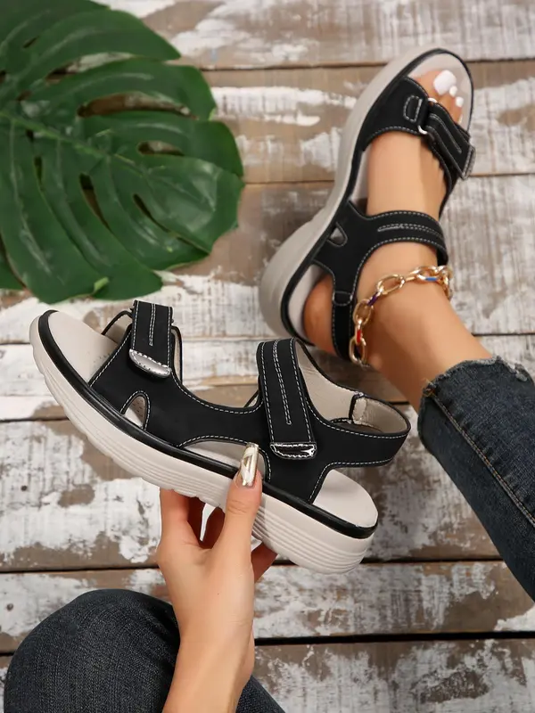 Women's Fashionable Plain Color Velcro Sandals, Casual Comfortable Platform Sandals for Beach, Outdoor Sports Sandals for Daily Wear 7