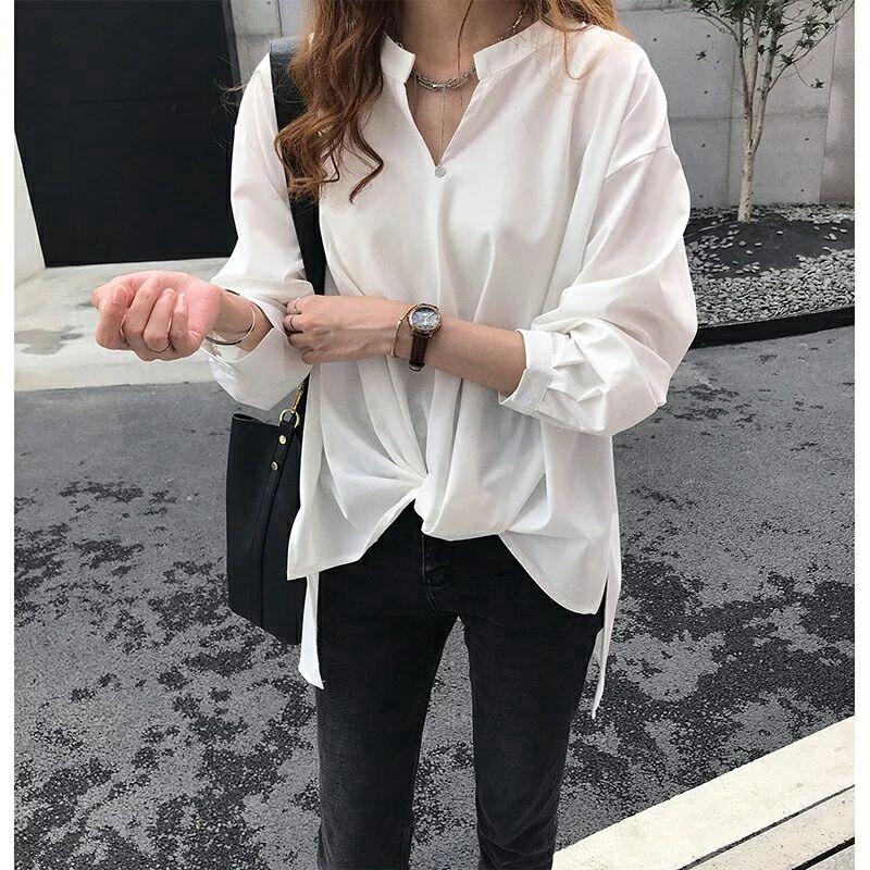 Product Introduction of M-4XL Korean Style Plus Size v-neck shirt for Women casual Long Sleeve loose blouse top Clothing Baggy 12