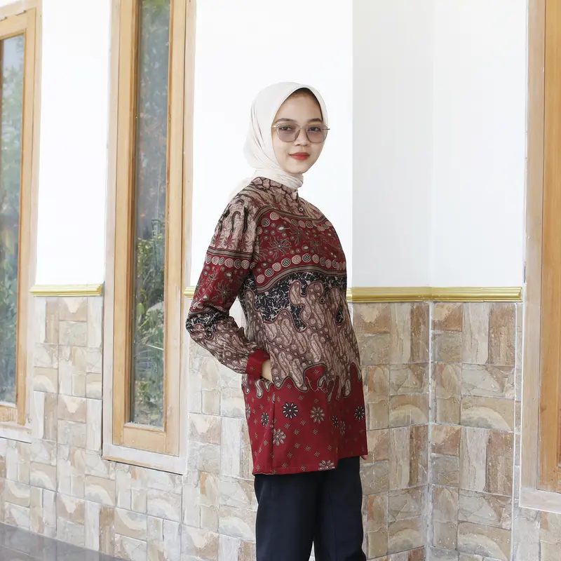 KALISTA Maroon Blouse Atasan Baju Batik Wanita Kerja Kantor Modern Kekinian Bahan Katun Halus Premium 2