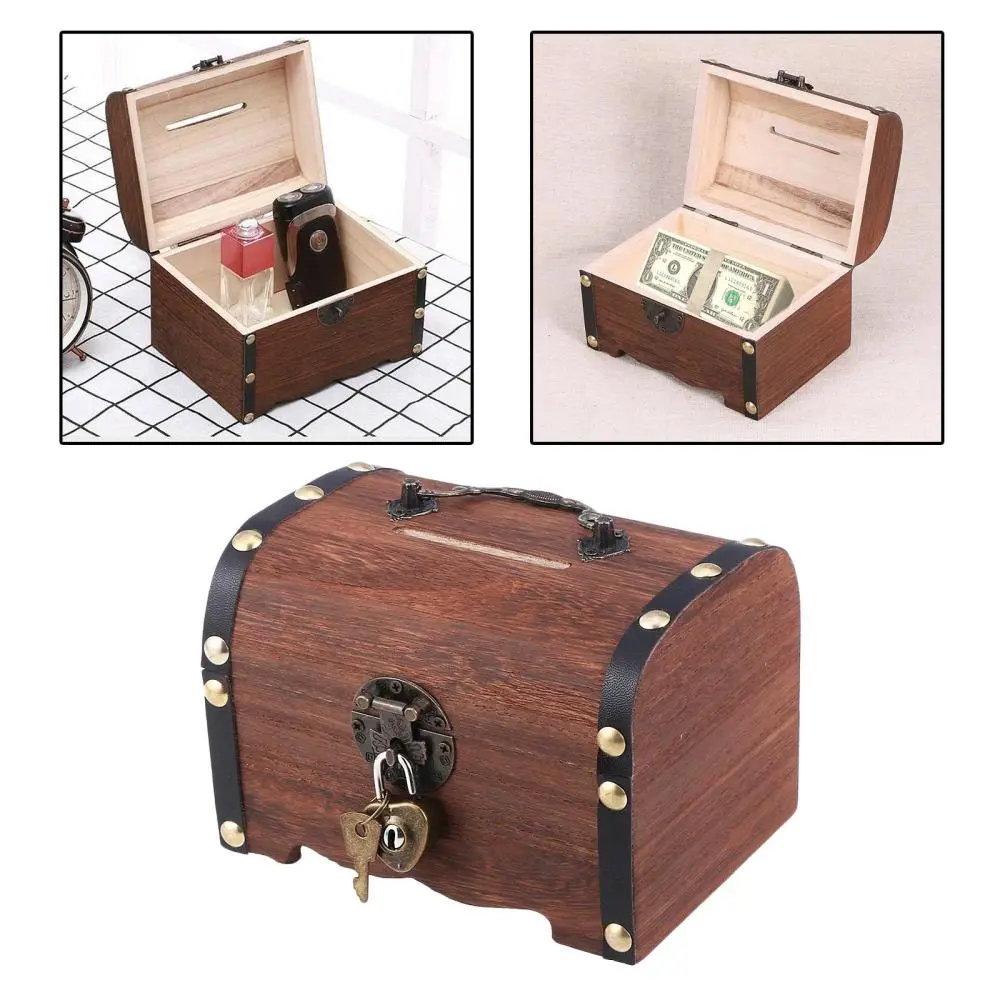 Wooden Treasure Chest Money Coin Hobby Preservation Storage Box Saving with Lock and Keys Bedroom Locking Piggy Bank for Children Adults Kids