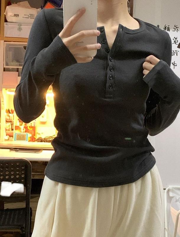 Áo Thun Nỉ Bigsize Dài Tay Cài Nút Chất Thun Co Giãn Dáng Ôm Nữ Women Top 2