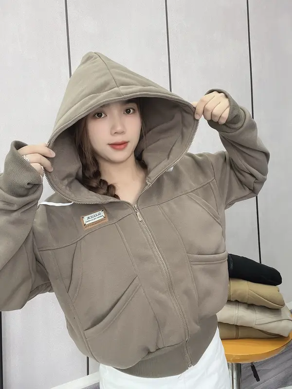 Áo Khoác Nỉ - Áo Khoác Nữ Form Lửng 6 Túi, Nón To, Tay Xỏ Ngón SUSUSHOP Top Hoodie Zíp mã FL11- FL15. Women Có Túi 1