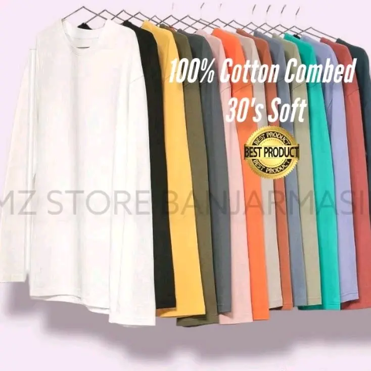 Kaos Polos Lengan Panjang Pria Wanita Bahan Tebal Adem Katun Hitam Putih Baju Nyaman Combed Soft Pendek Oblong Tangan Distro Unisex Dewasa