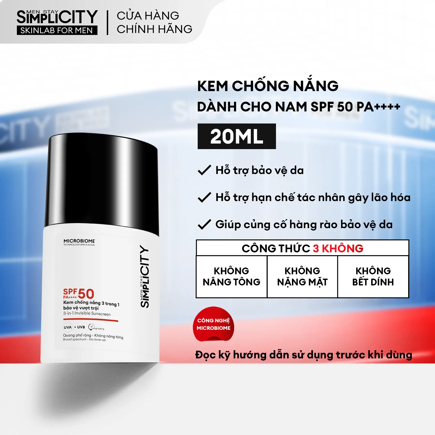 Kem chống nắng dành cho nam SPF 50 PA++++ Men Stay Simplicity Invisible Sunscreen 20ml