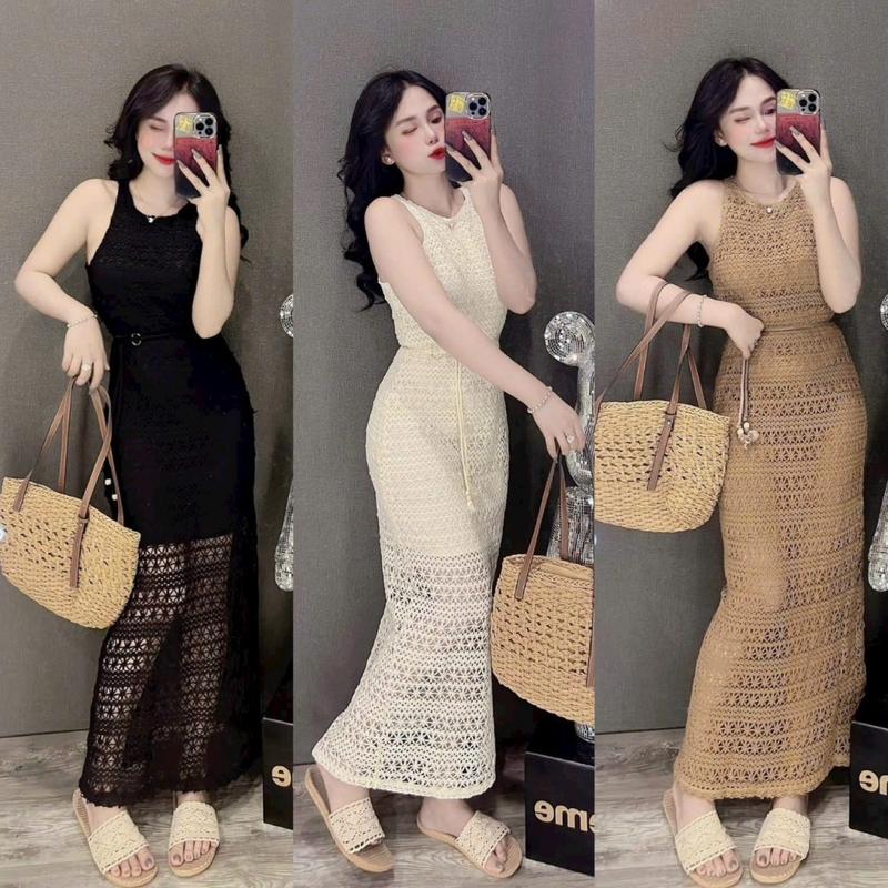 Đầm Ren Maxi Sát Nách Đi Biển Form Suông Dáng Dài Thắt Dây Eo Xinh Xắn Diện Cafe, Du Lịch
