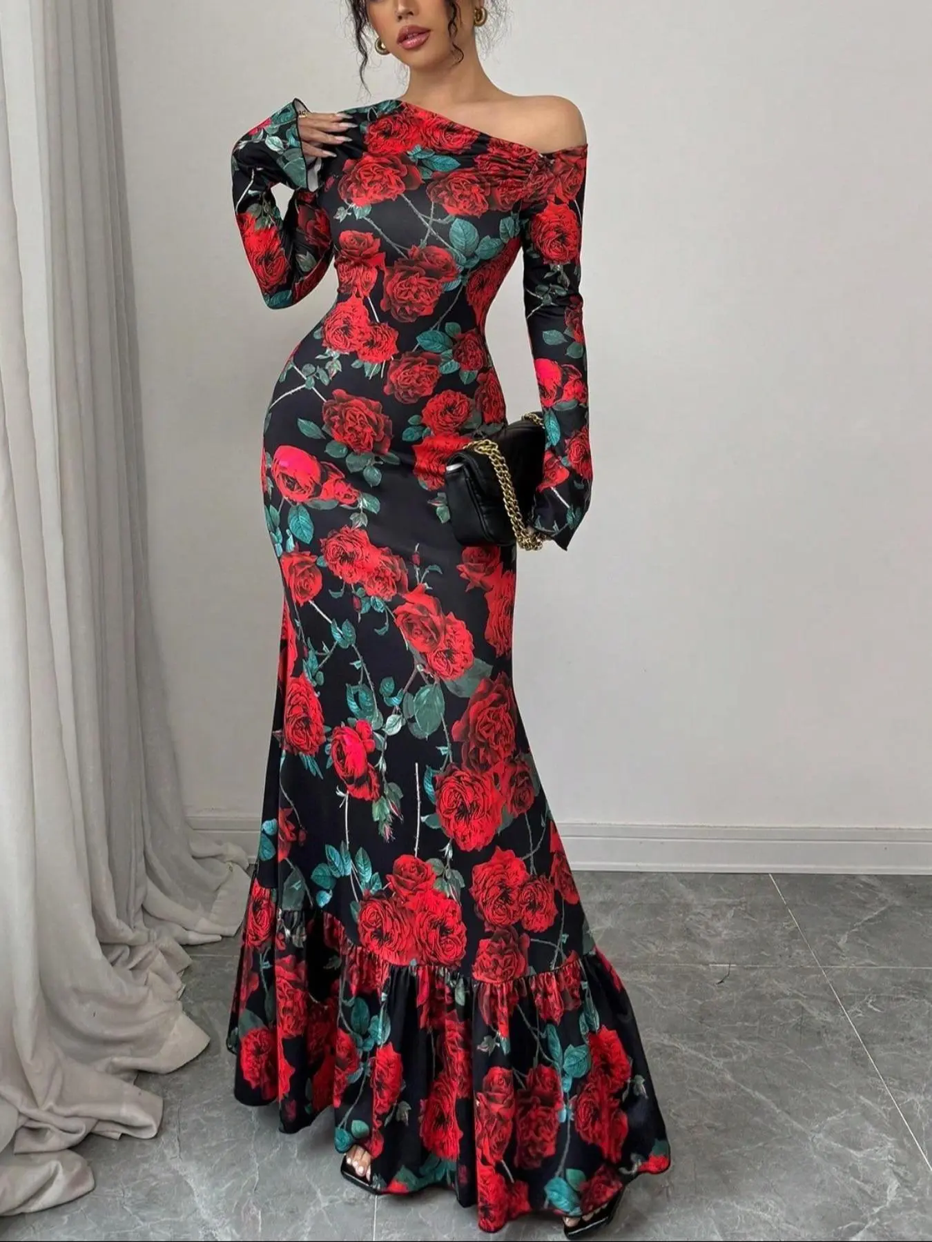 Women's Floral Print Dress, Elegant Fashion Long Sleeve Dress for Party Dating Wear, Women Dress for Spring Fall