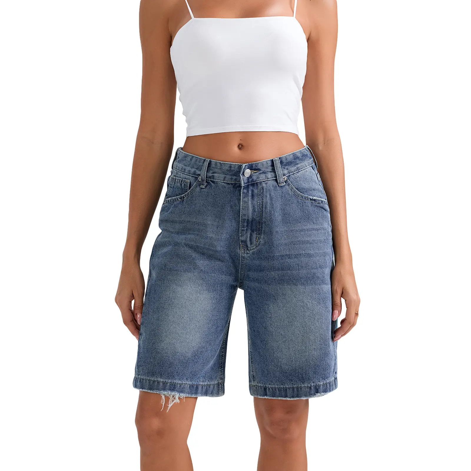 Women's Knee Length Denim Shorts Mid Rise Baggy Jean Short Pants with Pockets for Summer