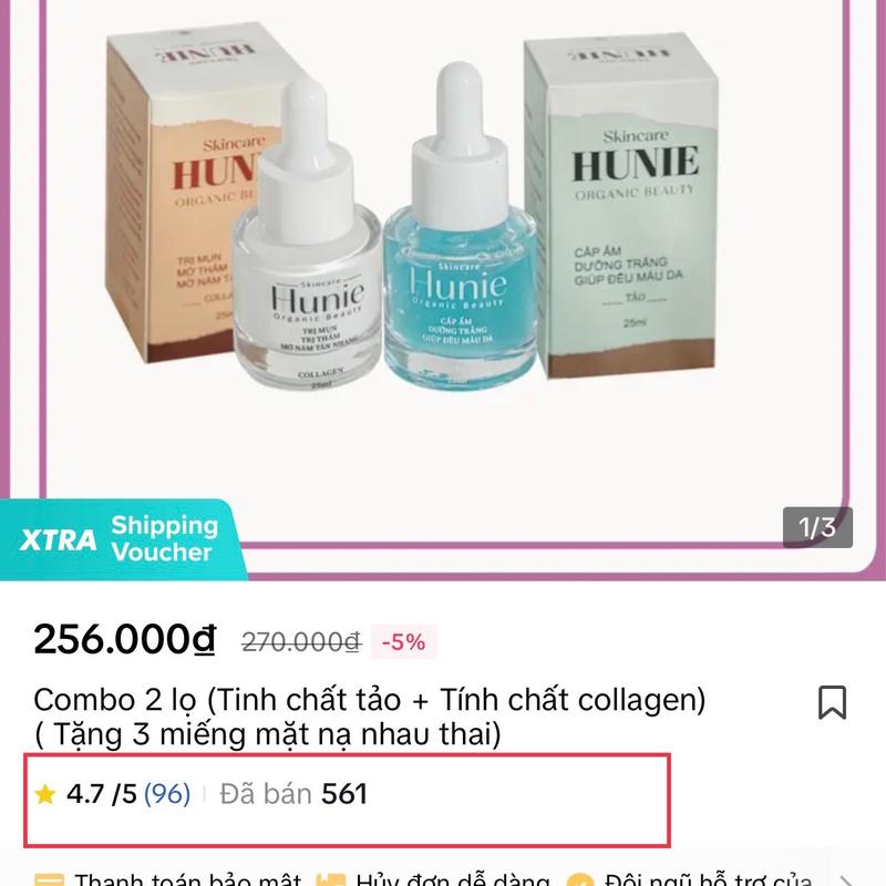 COMBO 2 LỌ SERUM HUNIE ( Tính chất tảo + Tính chất collagen) Tặng 2 miếng mặt nạ nhau thai