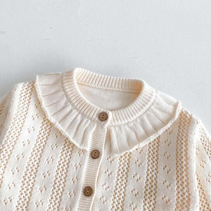 Product Introduction of Korean Baby Girl Autumn Hollow Out Sweater Cardigan Kids Fashion Cotton Ruffle Collar Knitted Jacket Spring Solid Outerwear Coat 22