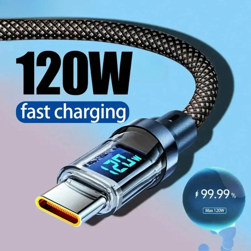 Cáp sạc siêu nhanh USB A đến Type C, 120W, Dây dữ liệu Type C, Tương thích với Xiaomi POCO và Samsung, Có màn hình kỹ thuật số LED, Cáp 0