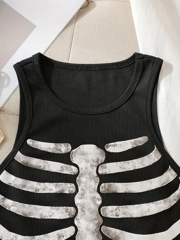 Women's Skeleton Print Round Neck Tank Top, Summer Clothes Women, Fashion Casual Crew Neck Sleeveless Top For Daily Holiday Vacation, Ladies Summer Clothes 2