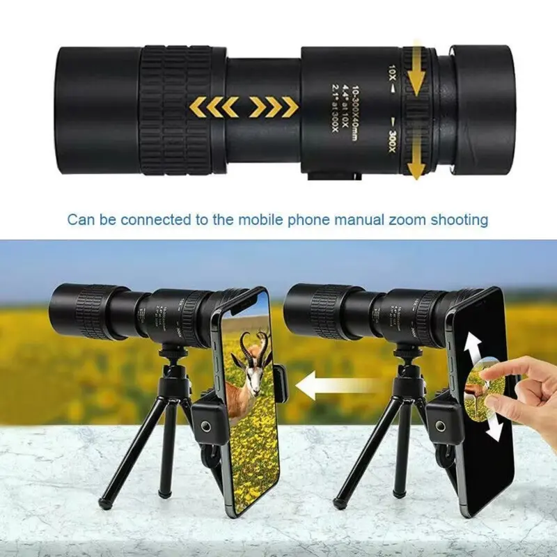 HD Teropong Monocular Telescope 10-300x40 Zoom dengan Tripod dan Holder HP - Lensa Tele HP Zoom - TTVXO FBA44 Portabel untuk Berkemah Untuk telepon iphone android 4
