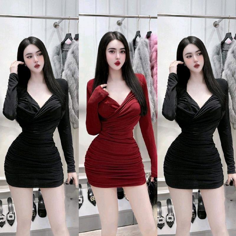 Đầm tây dài cổ vuông chéo dáng ngắn ôm body chất thun dẻo larong thoáng mát đi chơi đi tiệc sang trọng váy vaytet Xmas Tết Nữ Women Dress đầm slay ăn cưới che bắp tay
