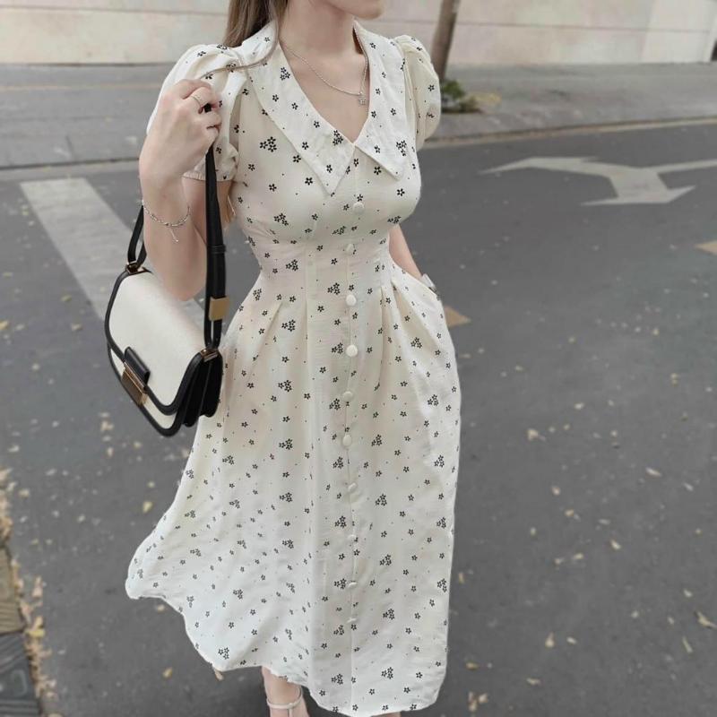 DOAN VAN DUY Bán chạy Đầm Mùa Hè chất xốp có lót có túi xinh xĩu tiểu thư vintage Nữ Women Dress Màu Trắng 5