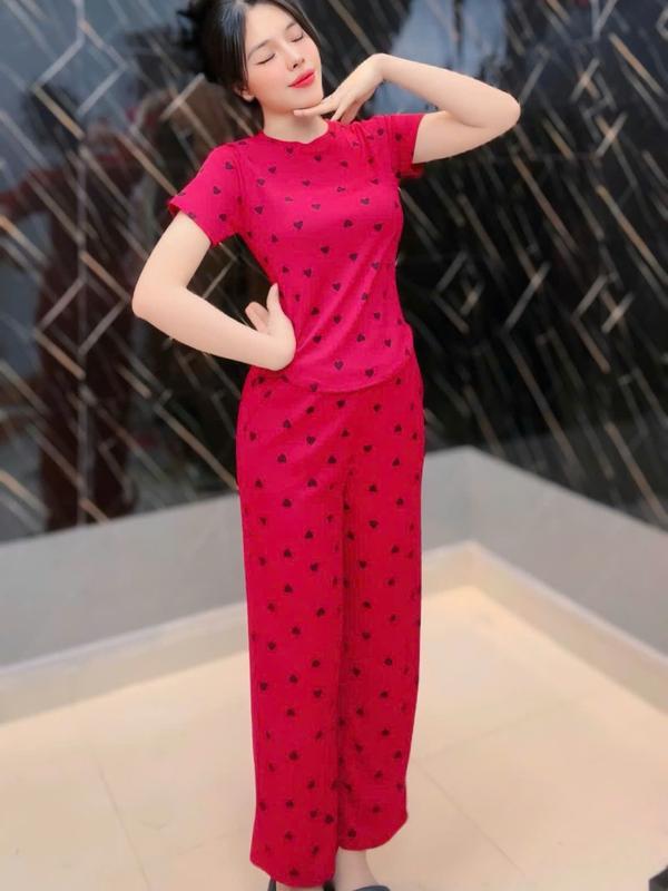 B-56 Bộ Thun Tăm In hình tim Áo cổ Tròn Nữ HOT HIT 5