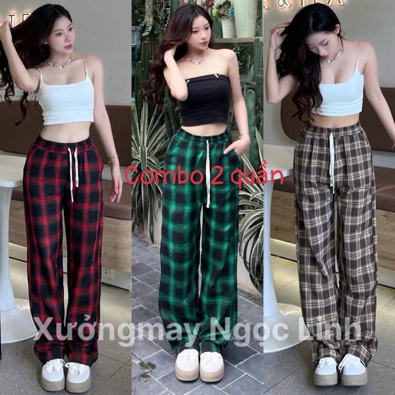 (Không Lót Lông) Combo 2 Quần Ống Rộng Kẻ Caro Nhiều Màu Ống Suông Siêu Hot