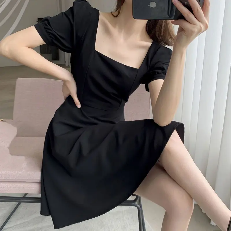 Váy Dài Nữ, Phong Cách Hàn Quốc, Trang Trọng Và Thanh Lịch, Dáng Ôm, Váy Trắng, ngắn Tay, Hình Vuông, Thích Hợp Cho Váy Áo Choàng Nữ, Quần Áo Nữ, Váy Phù Hợp Với Váy Nữ, Thoải Mái, wwf Voi Voan Dress Đen 3