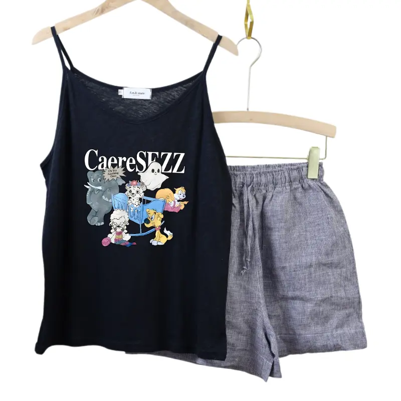 Set Đồ Nữ 2 Dây, Quần Short Kẻ Ô Linen Anhstore, Phom Rộng, In Hình Dễ Thương - Áo Nữ - Women Nhung Top Thun 2