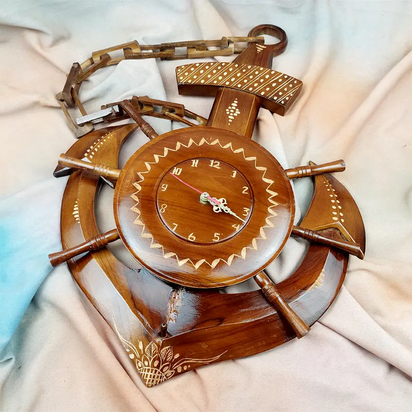 Jam Dinding Miniatur Jangkar Motif Ukir Cukit Kerajinan Kayu Jati