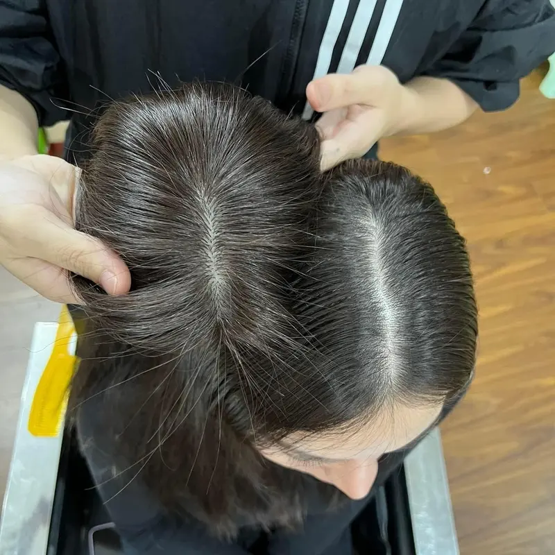Siêu Da mono bản lớn 12* 13,rẽ nhiêu ngôi , móc full k đường may Tóc giả  phủ mái hói siêu da từ tóc thật, che hói , che bạc đỉnh đầu, tóc mái dài 2