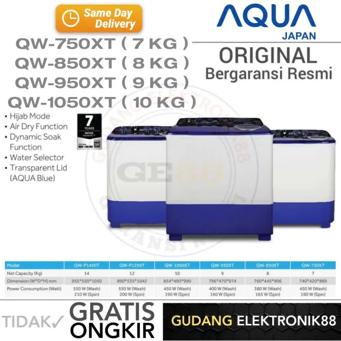 Mesin Cuci Aqua 2 Tabung Top Loading 10 Kg QW-1050XT AQUA - QW-750XT 1