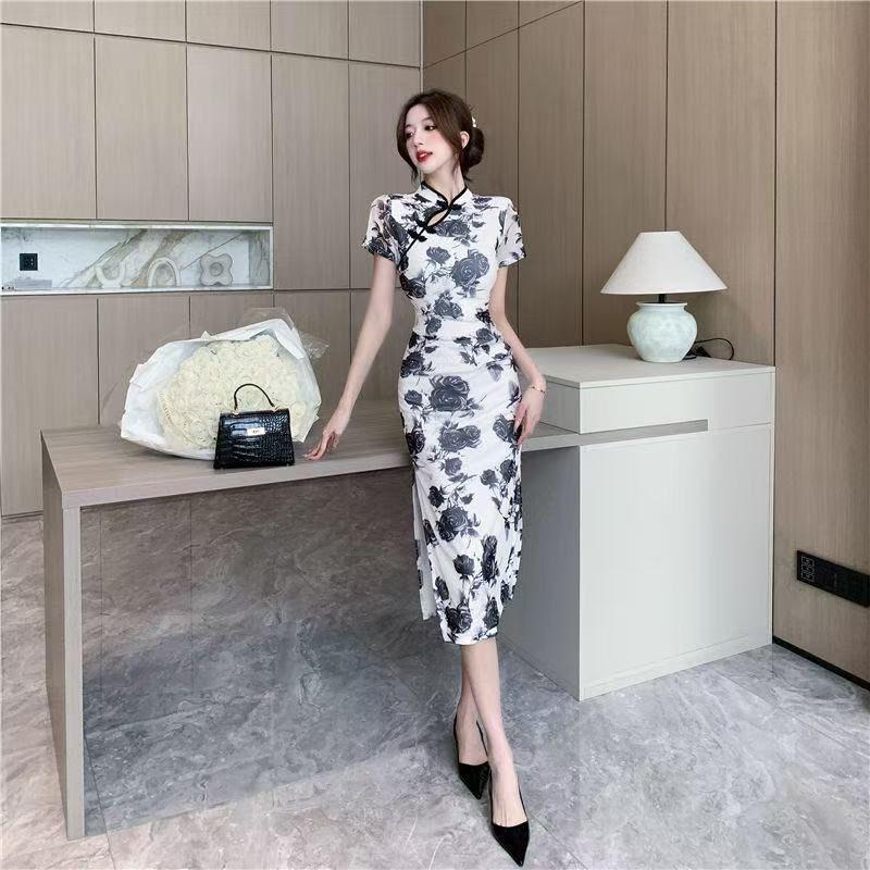 Product Introduction of Váy Cao Trên Đầu Gối, Phong Cách Trung Quốc Mùa Hè, Dáng Ôm, Xẻ Tà Thanh Lịch, Sườn Xám Sửa Đổi, Thường Ngày, Thanh Lịch Và Thời Trang 10