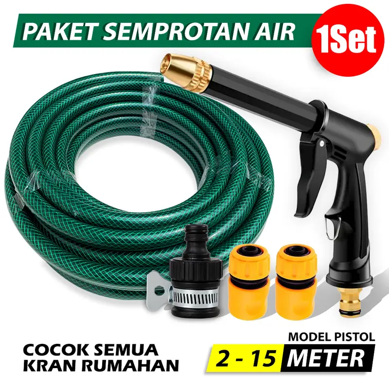 Selang Semprotan Air Semprot Cuci Motor Mobil Siram Taman Benang Hijau Anti Lumut 2mm - Komplit Universal Paket Selang + Semprotan Bonus Konektor Quick Release 0