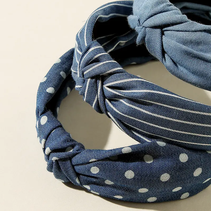 3pcs Denim Striped Dot Headband Women's Fashion Simple Blue Hair Accessories 8