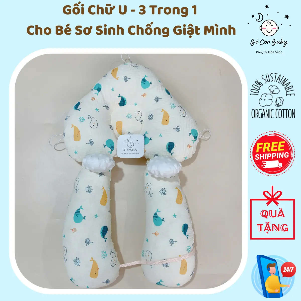 Gối Chữ U Cho Bé Sơ Sinh Chống Giật Mình,Chống Bẹp Đầu,Gối Chặn Tiện Ích 3Trog1 Có Dây Rút Điều Chỉh Gối Ngủ
