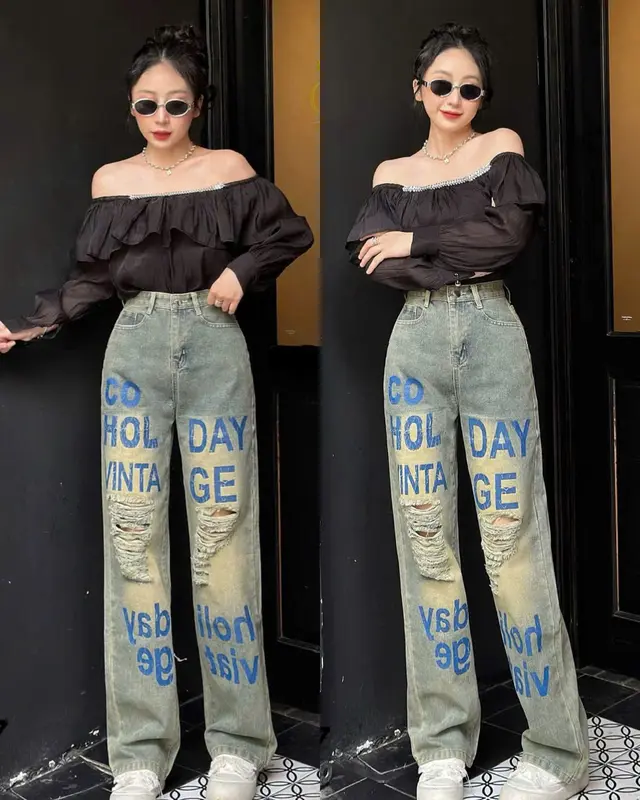 Quần Jeans Nữ Dáng Suông ,Quần Bò In Chữ Rách Kiểu Lưng Cạp Cao Chất Vải Dày Dặn Cao Cấp Chuẩn Đẹp Women Pants Kem 7
