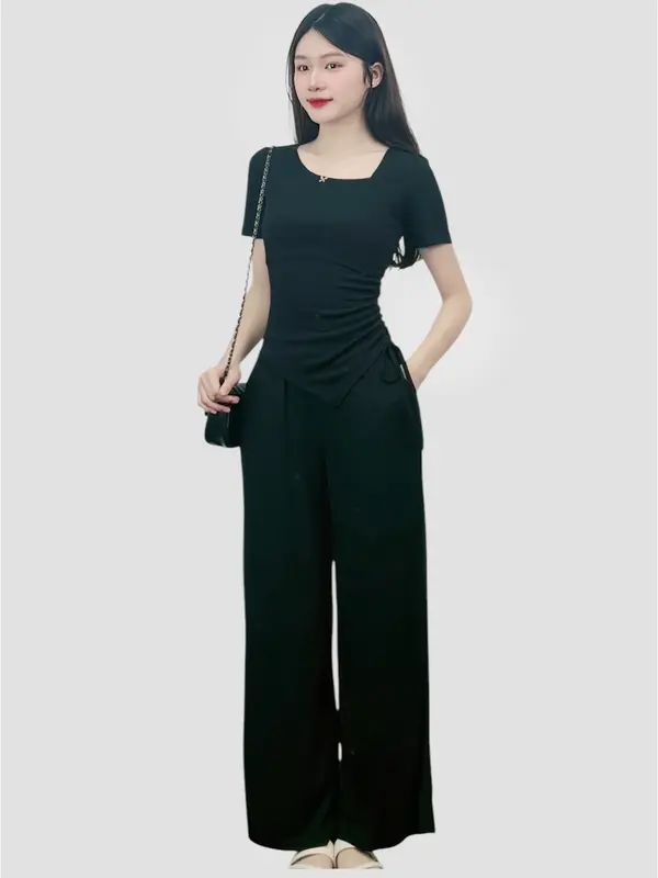 [Set Cổ Lệch Cộc Tay 02] Bộ Set Cổ Lệch Nhún Eo Ngắn Tay Kèm Quần Suông Chất Thun Tăm cho Nữ Jima 121 Women - Áo, Top 5