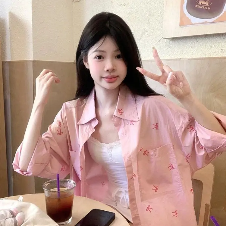 Áo Sơ Mi Dài Tay Thường Ngày Cho Nữ, Màu Hồng, In Hình Nơ, Hàng Mới Về Mùa Thu, Phong Cách Ngọt Ngào Và Rộng Rãi, Áo Cardigan Dài Trung Bình Hợp Xu hướng 1
