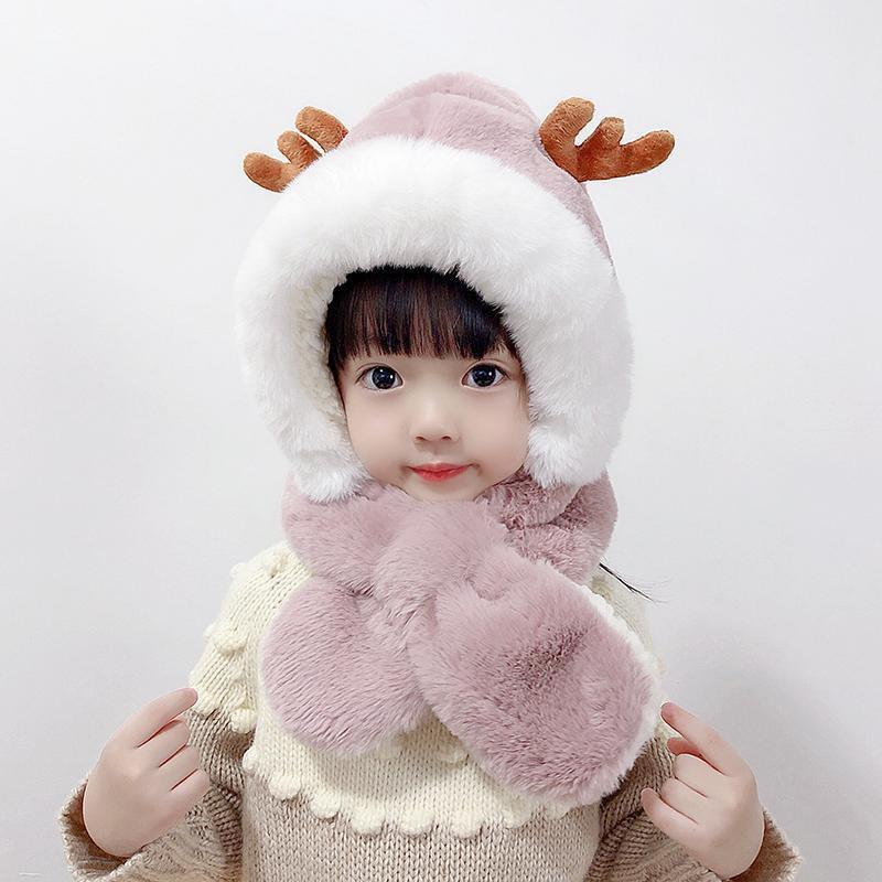 Product Introduction of Winter new children's hat scarf combination male and female children warm plush cute baby deer antler ear protection hat 1