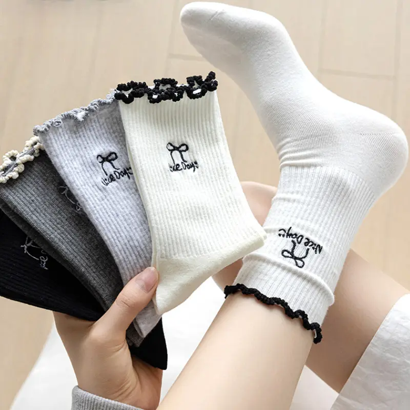 Tất Vớ Nữ Cổ Cao Nhún Bèo Thêu Nơ NiceDay Xinh Xắn Dễ Thương Nhiều Màu Sắc Cotton Tự Nhiên An Toàn