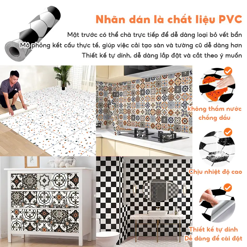 Miếng Dán Sàn Chống Thấm Nước Tự Dính Giả Thảm Giấy Dán Tường DIY Phòng Tắm Phòng Ngủ Văn Phòng Nhà Bếp Ngói 2
