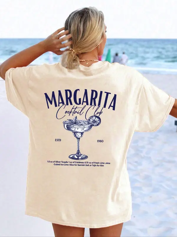 Women's Letter Beverage Graphic Round Neck Graphic Tees, Plus Size Clothes Uk, Fashion Casual Drop Shoulder Short Sleeve T-shirt for Summer Beach Party, Vintage Graphic Tees, Tops for Women, T Shirts for Women, Tops That Hide Stomach, Womenswear 1